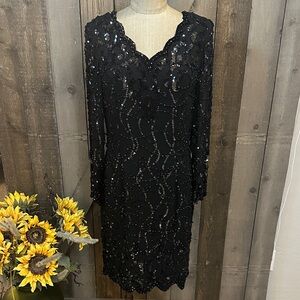 Vintage Niteline Black Beaded Silk Cocktail Dress Sheer Sleeves Size 10